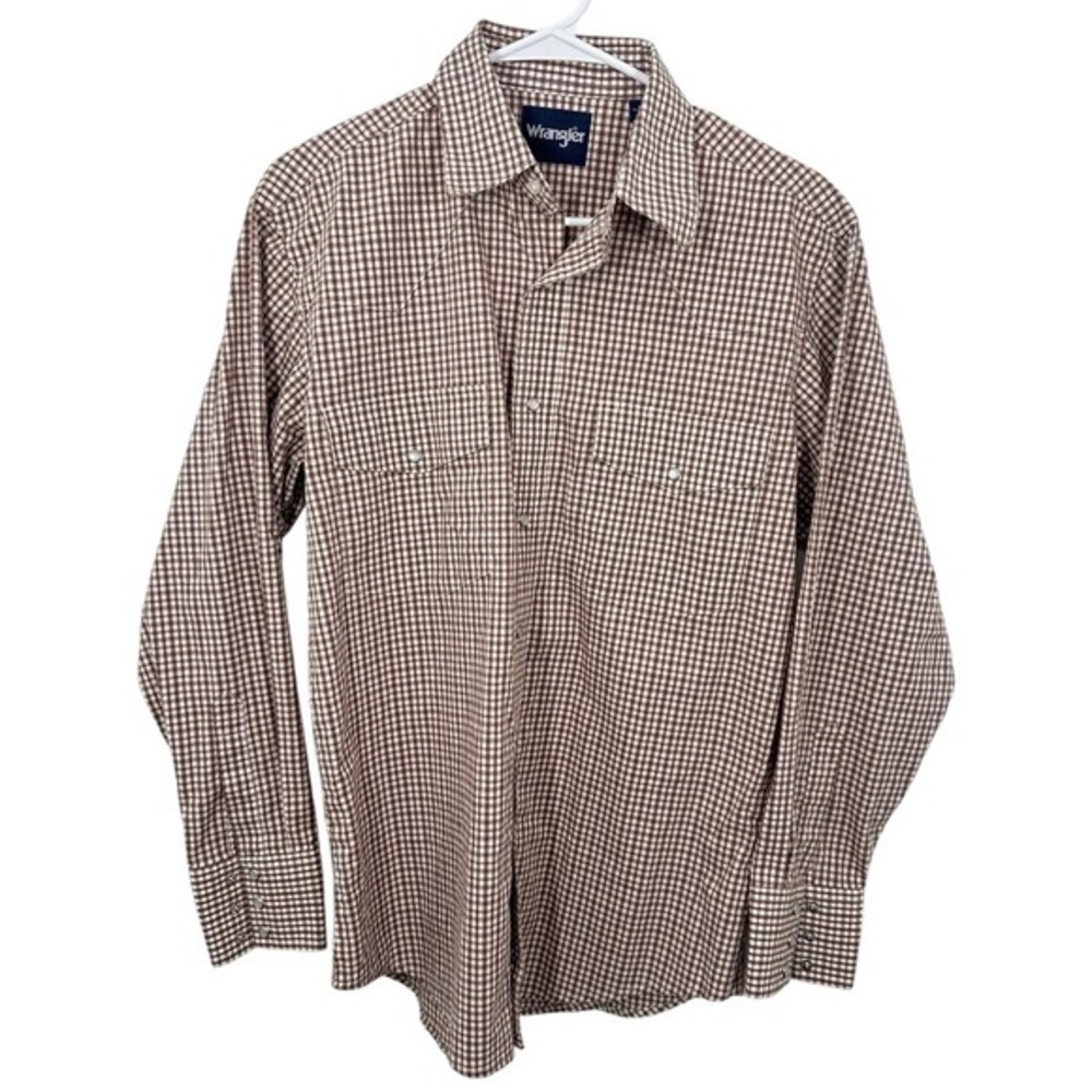 Vintage Wrangler Mens Brown Gingham Western Pearl Snap Shirt Long Sleeve Medium‎